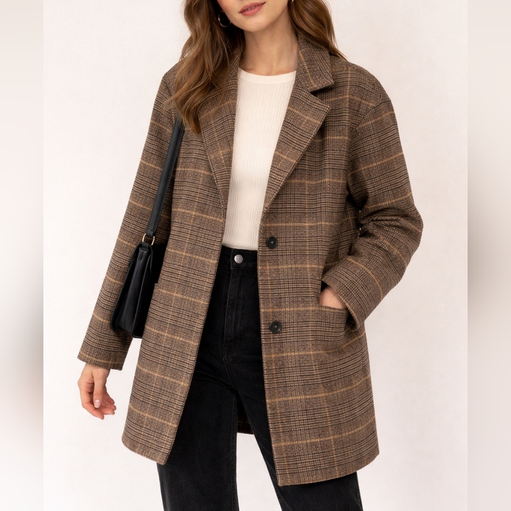 OAK + FORT Brown Plaid Coat